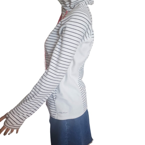 Eddie Bauer Size S Cream Black Striped Zip Fleece Hoodie Thumbholes TINY FLAW - Picture 2 of 10